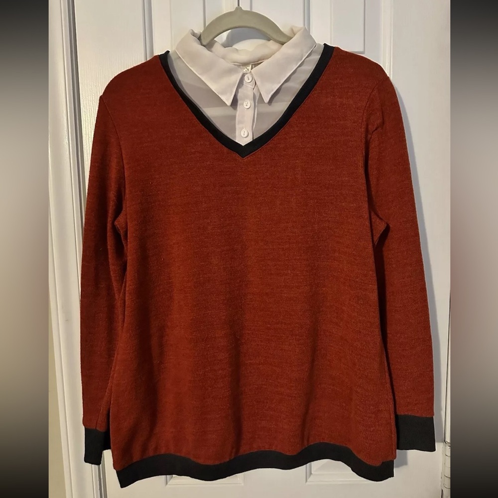 Women’s XL Burnt Orange Sweater Sheer Contrast Collar Grandmacore Autumn Fall